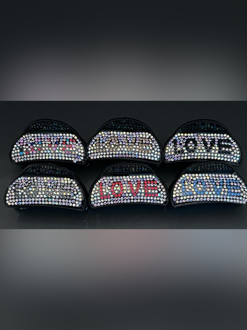 Embellished Crystal LOVE Hair Claw Clips Assorted Colors w/Aurora Rhinestones 6